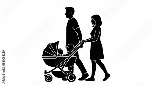 Family walking with baby stroller silhouette.