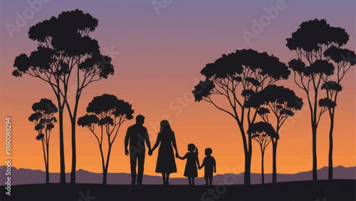 Family walking together holding hands at sunset silhouette.
