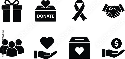 Charity and donation icon set, black vector style, gift box, heart, handshake, community, support, awareness ribbon, giving symbol