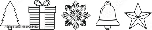 Christmas holiday line icons set, pine tree, gift box, snowflake, jingle bell and star silhouettes, festive winter celebration black outline graphic elements,