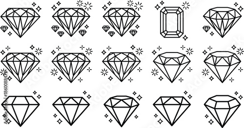 Diamond icon set, black vector style, gemstone cuts, brilliant sparkle, emerald shape, jewelry graphic, gem illustration, luxury symbol