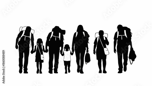 Family group walking with backpacks on white background silhouette.