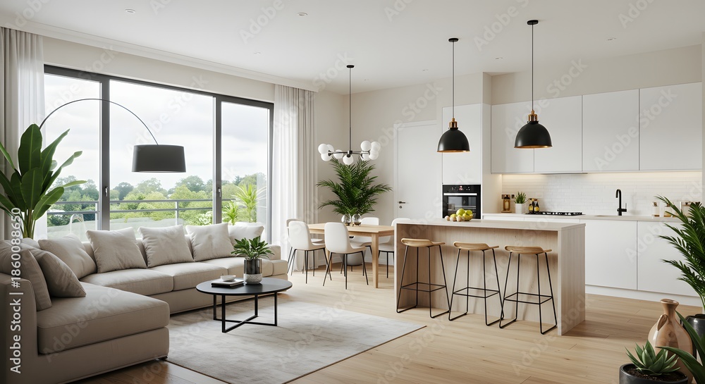 Fototapeta premium A modern minimalist living room and kitchen interior with large windows