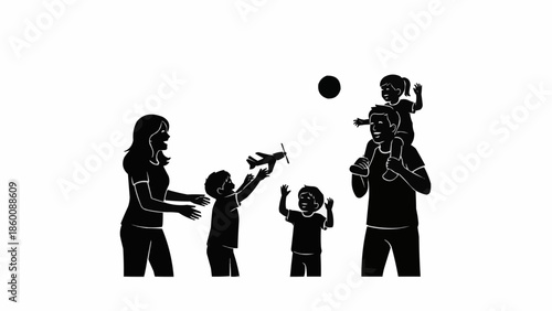 Family Silhouette Playing Together Outdoors With Toys and Ball.