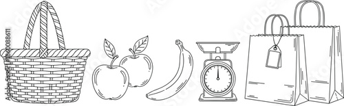 Grocery icon set, black vector style, basket, apples, banana, weighing scale, shopping bags, market essentials, food graphic