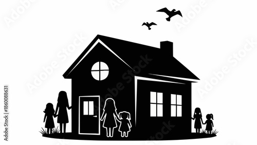 Family Silhouette Standing In Front Of A House.