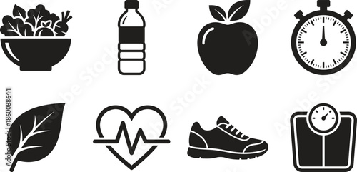 Health and fitness icon set, black vector style, nutrition, hydration, exercise, heart, stopwatch, scale, wellness symbol, lifestyle graphice