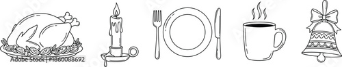 Holiday dining line icons set, roasted turkey, candle, plate with cutlery, hot coffee mug and jingle bell silhouettes, festive celebration graphic elements