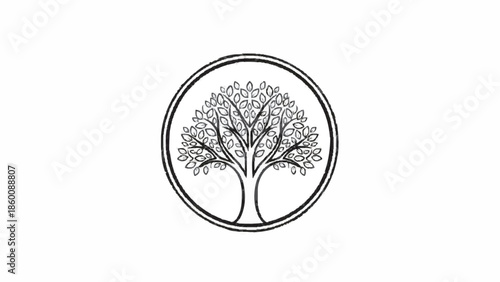 Black and white line art logo of a leafy tree enclosed in a double circle, symbolizing growth, nature, and life on a clean white background.