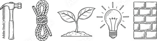 Line art icon set featuring hammer, rope, growing plant, glowing lightbulb and brick wall, construction and idea concepts isolated on white background vector