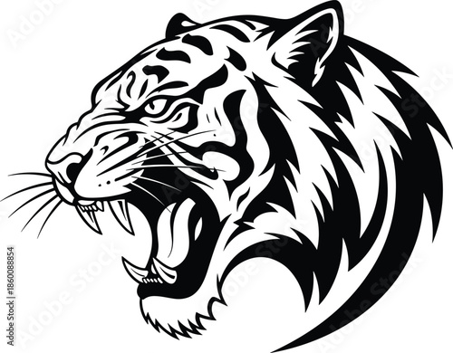 Roaring tiger head silhouette, black vector style, fierce animal icon, bold graphic, power symbol, tattoo design, wild nature