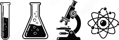 Science icon set, black vector style, test tube, flask, microscope, atomic model, lab equipment, research graphic, STEM symbol