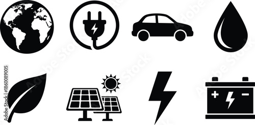 Sustainability icon set, black vector style, globe, electric plug, car, water drop, leaf, solar panel, battery, energy