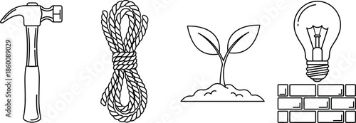 Symbolic object icon set, black vector style, hammer, rope, plant, light bulb over bricks, growth and creativity graphic