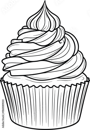 Sweet cupcake vector illustration, tasty dessert with swirled frosting icon, black line art bakery graphic, isolated sugary treat snack food element, cupcake,