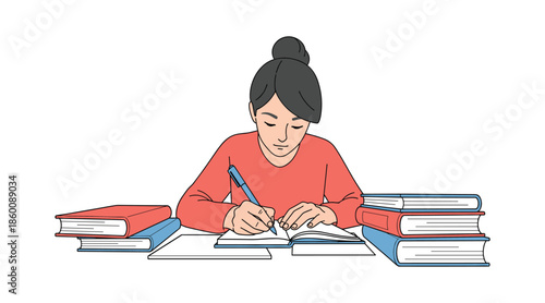 Woman studying with books
