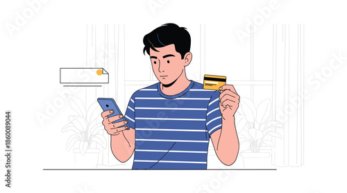 Young man shopping online with phone and credit card