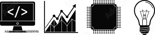Technology and business growth icons set, computer coding monitor, financial success chart, microchip processor and light bulb idea silhouettes, black isolated graphic elements,