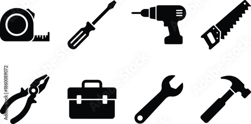 Tool icon set, black vector style, tape measure, screwdriver, drill, saw, pliers, toolbox, wrench, hammer, construction graphic