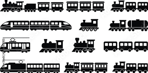 Train icon set, black vector style, steam locomotive, high-speed rail, tram, freight train, transportation graphic, railway symbol