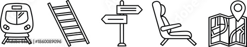 Travel and transport icon set, black vector style, train, ladder, signpost, seat, map, navigation graphic, journey symbol