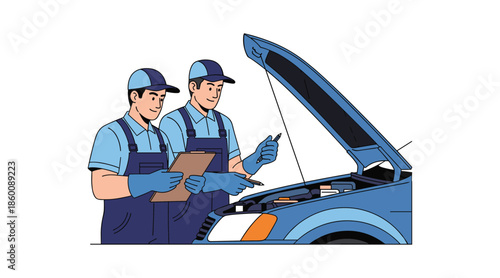 Mechanics inspecting car engine