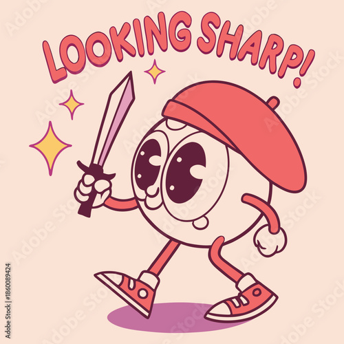 Cartoon eyeball character holding a sword looking sharp and confident