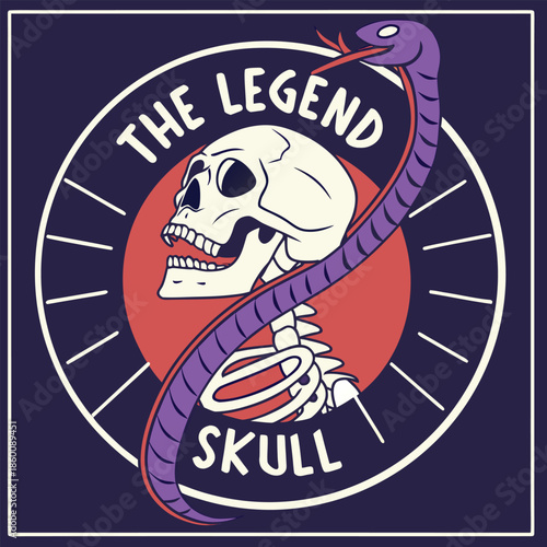 Vintage illustration of skull with snake and bold text design