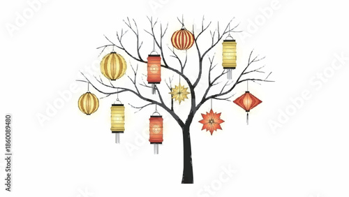 Whimsical illustration of a bare-branched tree decorated with a variety of colorful and ornate paper lanterns, creating a festive atmosphere.