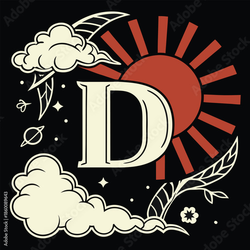 Vintage decorative letter D with sun clouds and leaves illustration
