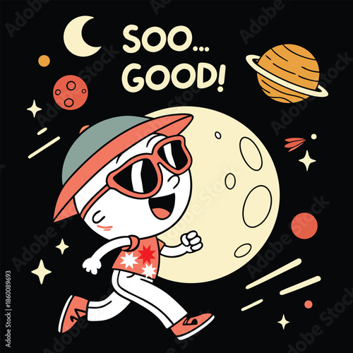 Happy cartoon character running with a moon in space illustration