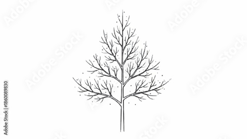 Minimalist black line drawing of a bare winter tree with intricate branches and small dots suggesting snow or buds, on a white background.