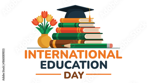 International education day colorful illustration with stacked books graduation cap and flowers celebrating learning knowledge and global education concept