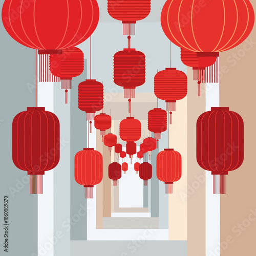 Lunar new year of a captivating perspective of red Chinese lanterns receding into the distance, creating a dynamic and immersive celebration pathway.