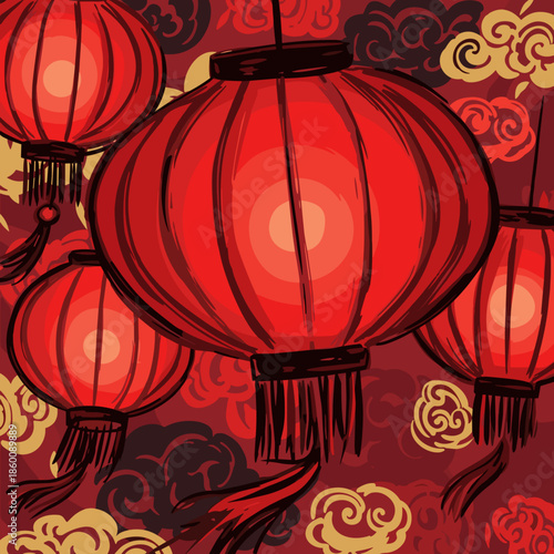 Lunar new year of hand-drawn red Chinese lanterns and swirling clouds on a richly textured red background, evoking a traditional artistic feel.