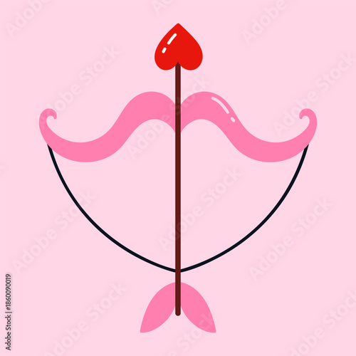 Cute Cupid bow and heart-shaped arrow. Valentine’s Day and romantic love concept. Love theme. Minimal flat vector illustration, isolated object on light pink background