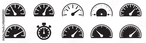 Speedometer gauge icon set speed indicator measurement car dashboard black white vector illustration