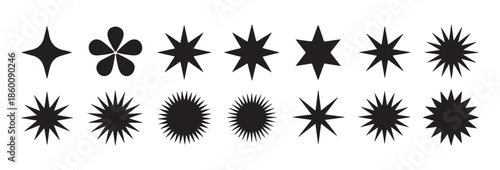 Geometric star shapes vector collection, spiky sunburst and floral icons, robust retro badges and silhouettes