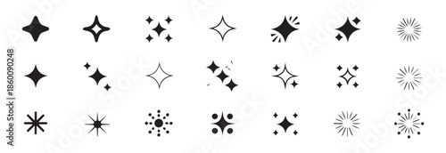 Minimalist sparkle vector icons collection with elegant black stars and sunburst designs on white space