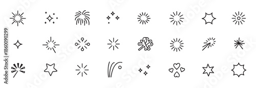 Set of sparkle icons, stars and glitter symbols, fireworks and celebration elements in linear design