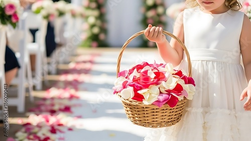 Adorable Flower Girl Carrying Petals at Wedding Ceremony Isolated background