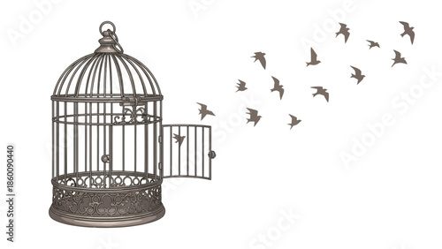 Birds fly free from open ornate metal cage outdoors
