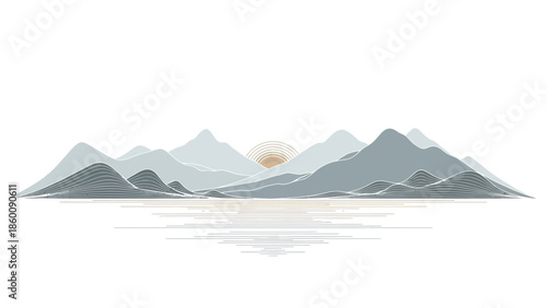 Serene mountain landscape at sunrise with reflective water