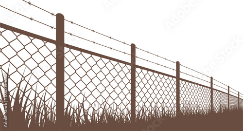 Chain link fence vector illustration, vintage sketch of a metal wire security fence with barbed wire and grass in monochrome