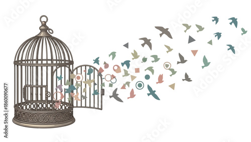Birds flying out of an open bronze cage