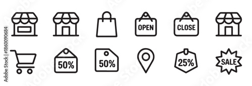 Collection of shopping and retail store icons in outline style for e-commerce
