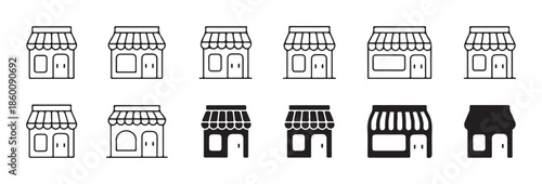 Storefront building icons collection with awning windows and doors in outline and solid styles