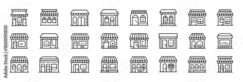 Assortment of linear vector icons illustrating different types of small retail store buildings and market stalls
