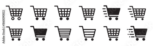 Shopping cart icons set in different styles for e-commerce and retail interface design