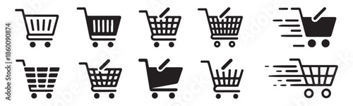 Detailed shopping cart icons varying in shape style and motion indicating speed for online buying